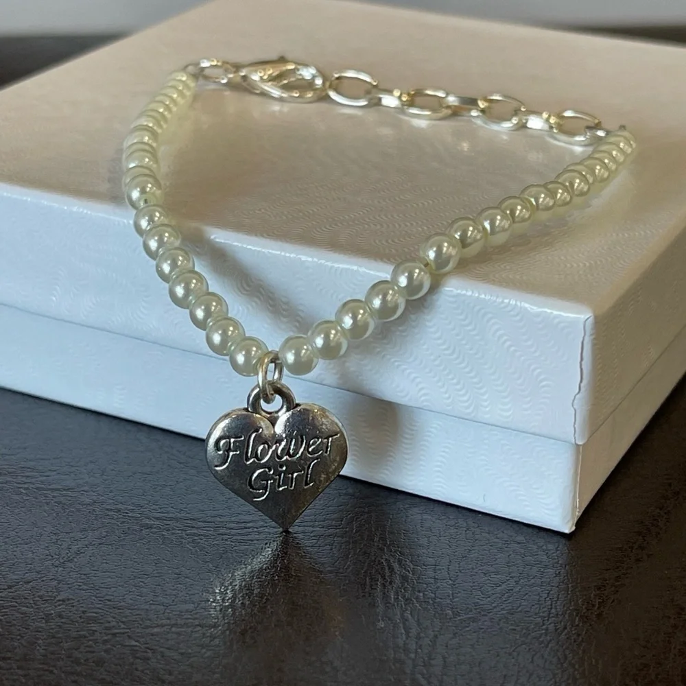 Faux pearl bead flower girl bracelet adjustability